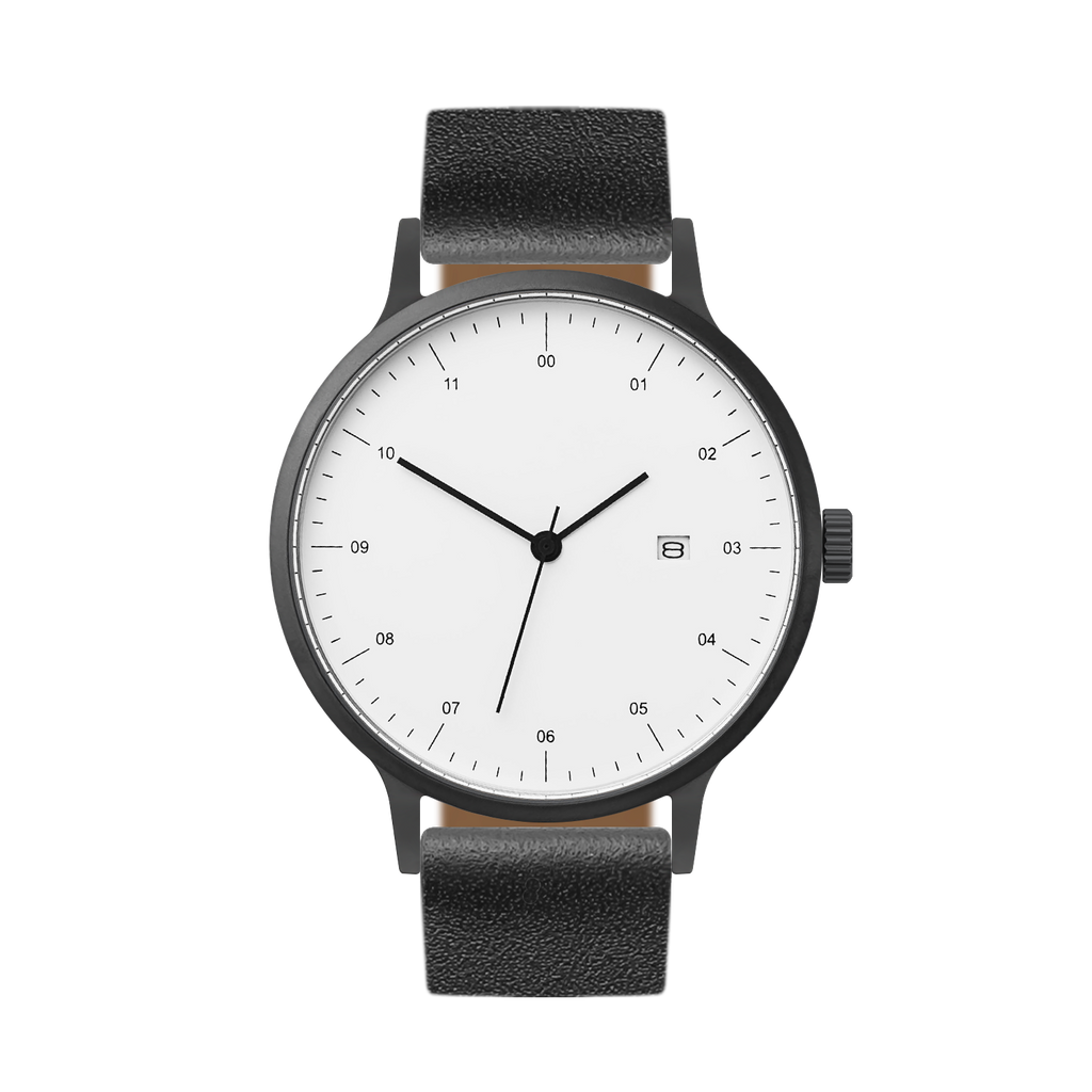 B30 Watch, Gunmetal Case, White Dial, Calendar, Leather Strap - Black