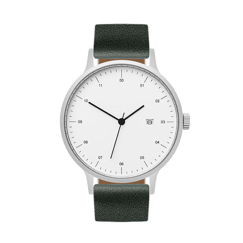 B30 Watch, Silver Case, White Dial, Calendar, Leather Strap - Green