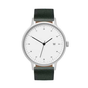 B30 Watch, silver case, green leather strap