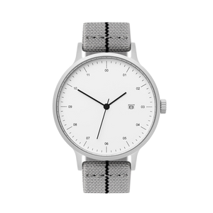 B30 Watch, Silver Case, White Dial, Calendar, Stretch Nylon straps - Gray
