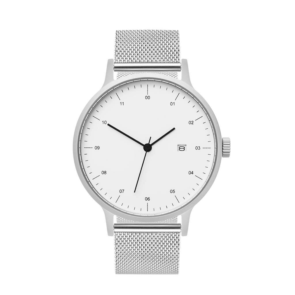 B30 Watch, Silver Case, White Dial, Calendar, Stainless Steel Mesh Strap