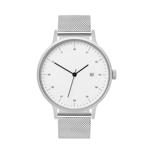 B30 Watch, Silver Case, White Dial, Calendar, Stainless Steel Mesh Strap
