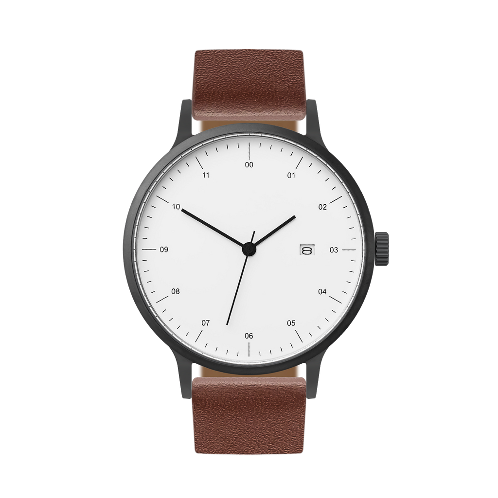 B30 Watch, Gunmetal Case, White Dial, Calendar, Leather Strap - Coffee