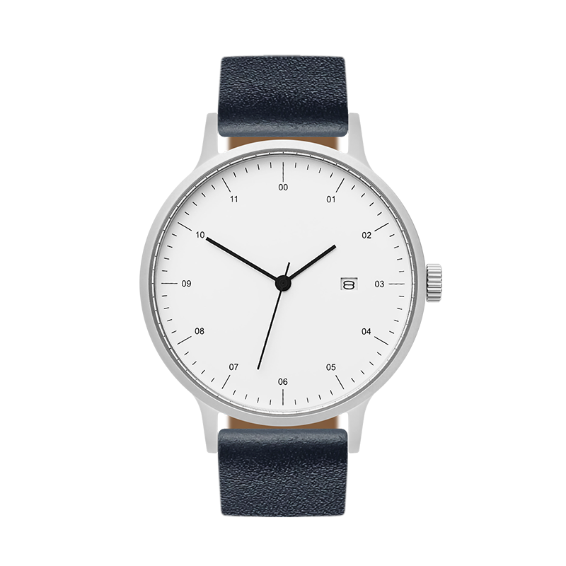B30 Watch, Silver Case, White Dial, Calendar, Leather Strap - Navy