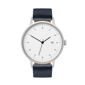 B30 Watch, silver case, navy leather strap