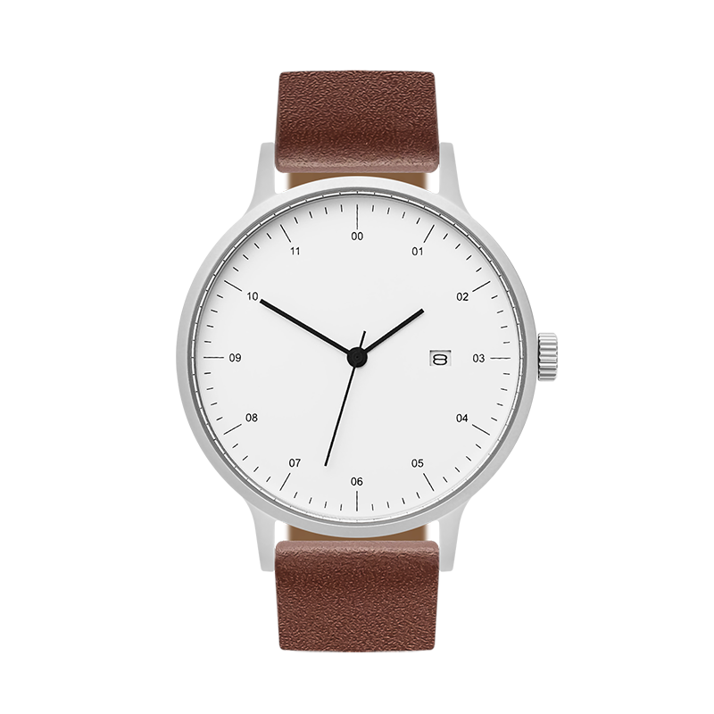 B30 Watch, Silver Case, White Dial, Calendar, Leather Strap - Coffee