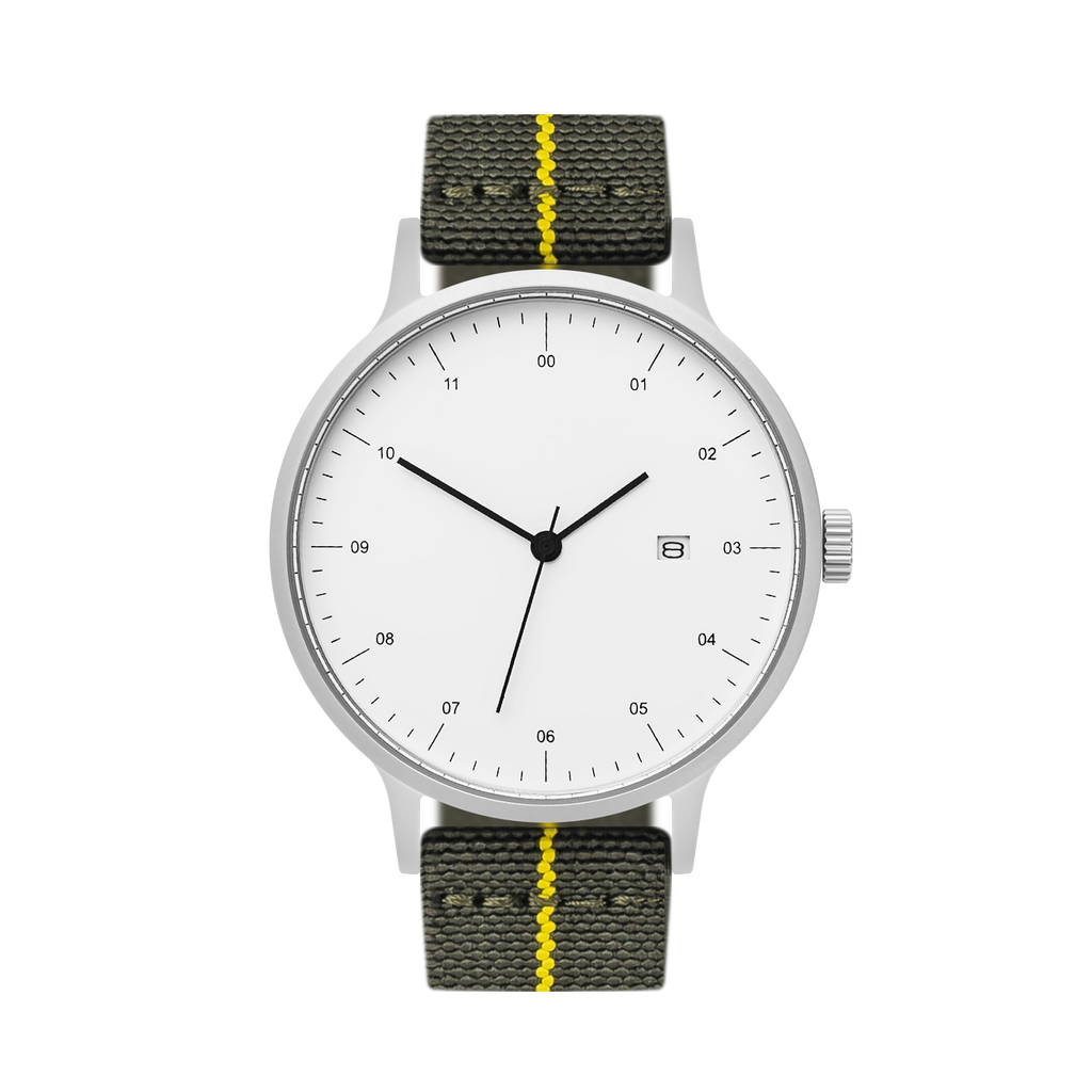 B30 Watch, Silver Case, White Dial, Calendar, Stretch Nylon straps - Green