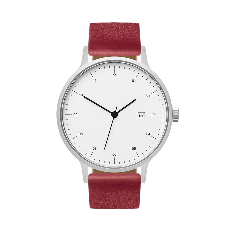 B30 Watch, Silver Case, White Dial, Calendar, Leather Strap - Red