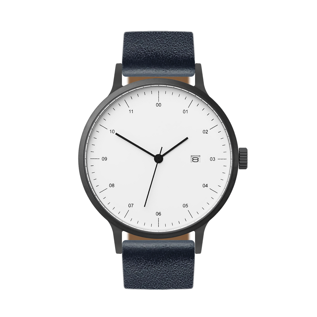 B30 Watch, Gunmetal Case, White Dial, Calendar, Leather Strap - Navy