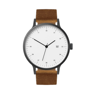 B30 Watch, Gunmetal Case, White Dial, Calendar, Leather Strap
