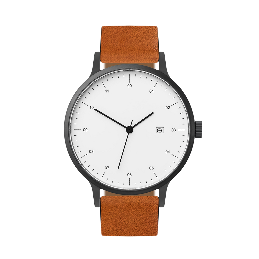 B30 Watch, Gunmetal Case, White Dial, Calendar, Leather Strap - Tan