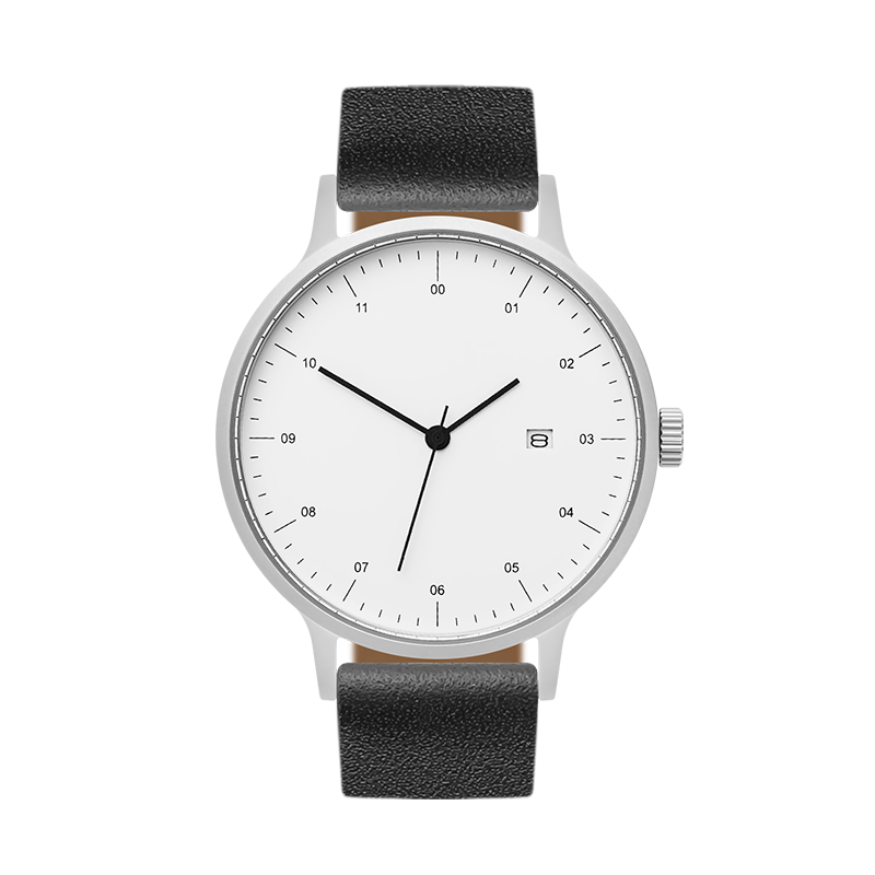 B30 Watch, Silver Case, White Dial, Calendar, Leather Strap - Black