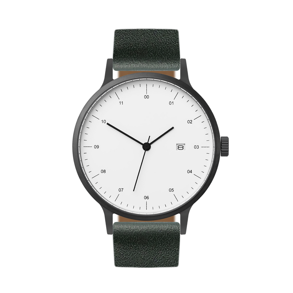 B30 Watch, Gunmetal Case, White Dial, Calendar, Leather Strap - Green