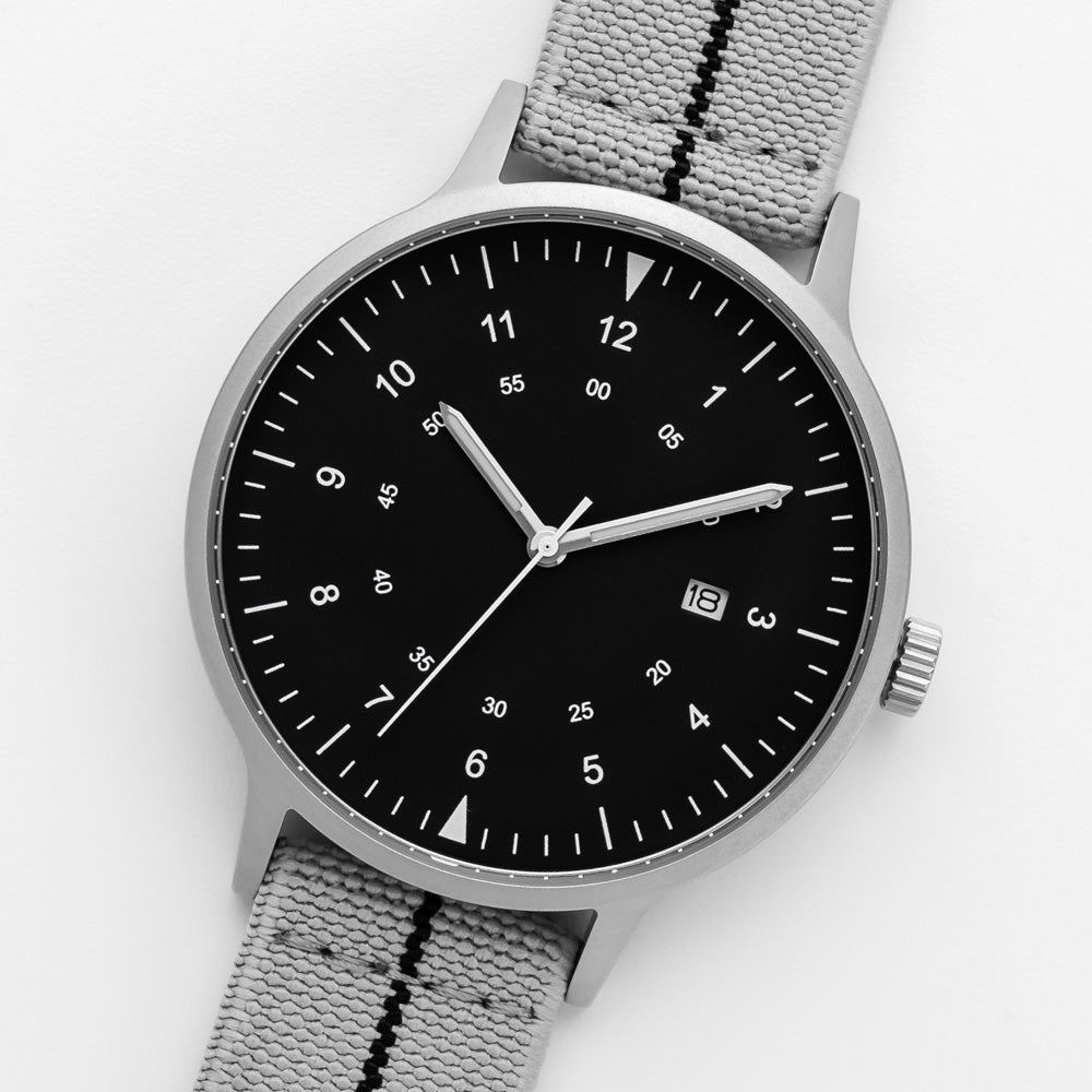 B70 Watch, Silver Case, Black Dial, Calendar, Luminous, Stretch Nylon straps - Gray