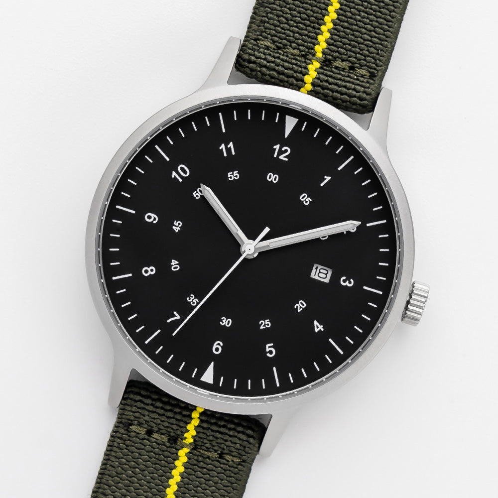 B70 Watch, Silver Case, Black Dial, Calendar, Luminous, Stretch Nylon straps - Green