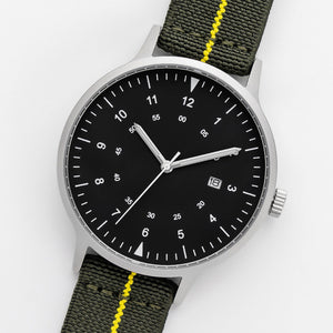 B70 Watch, Silver Case, Black Dial, Calendar, Luminous, Stretch Nylon Strap