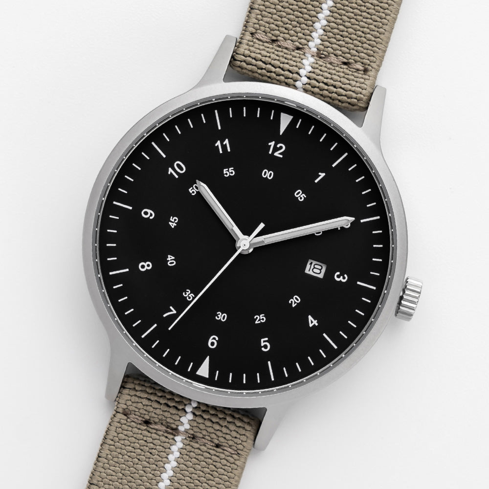 B70 Watch, Silver Case, Black Dial, Calendar, Luminous, Stretch Nylon straps - Khaki
