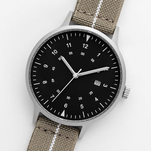 B70 Watch, Silver Case, Black Dial, Calendar, Luminous, Stretch Nylon Strap