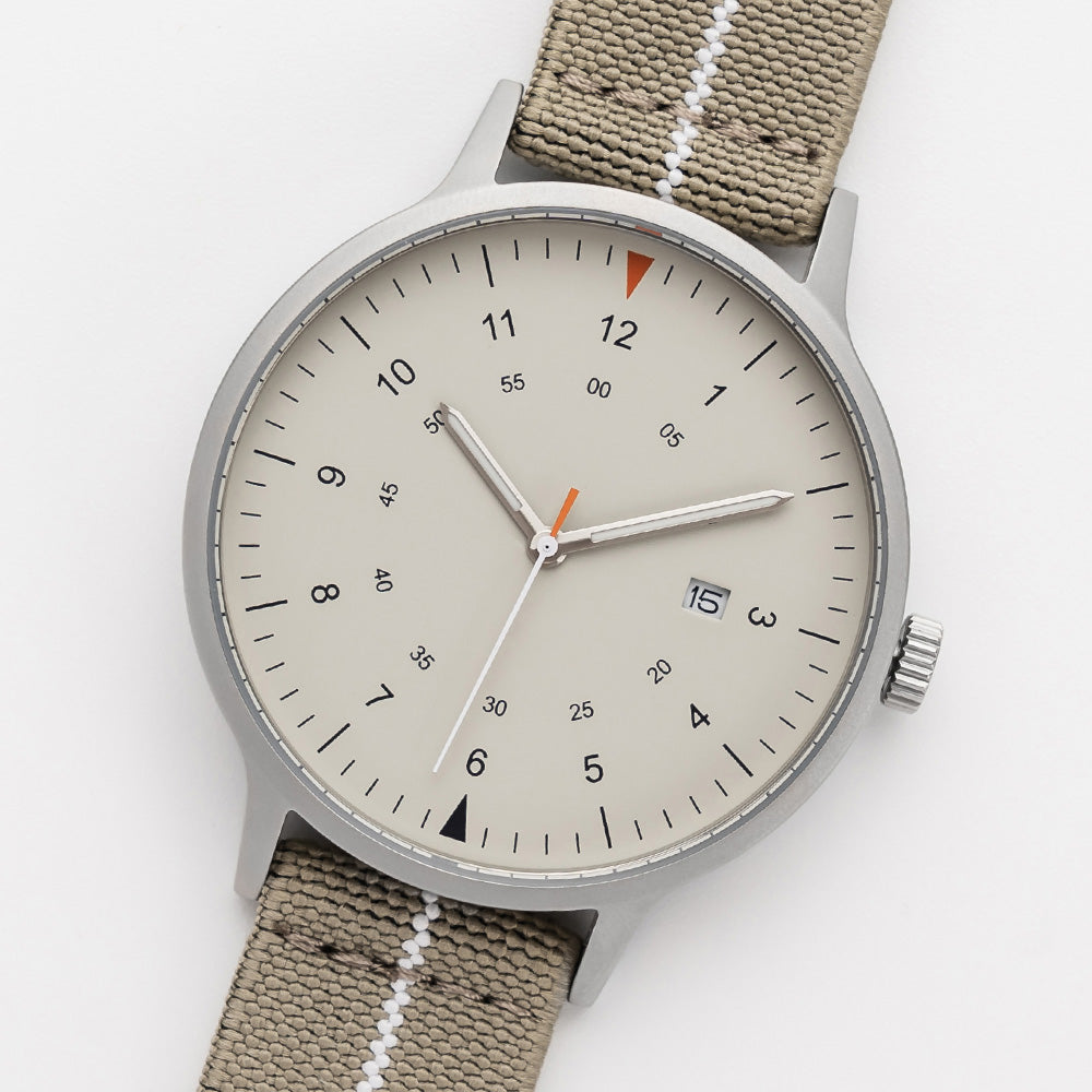 B70 Watch, Silver Case, Beige Dial, Calendar, Luminous, Stretch Nylon straps - Khaki