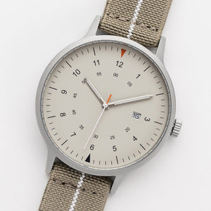 B70 Watch, Silver Case, Beige Dial, Calendar, Luminous, Stretch Nylon straps - Khaki