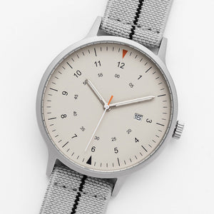B70 Watch, Silver Case, Beige Dial, Calendar, Luminous, Stretch Nylon Strap