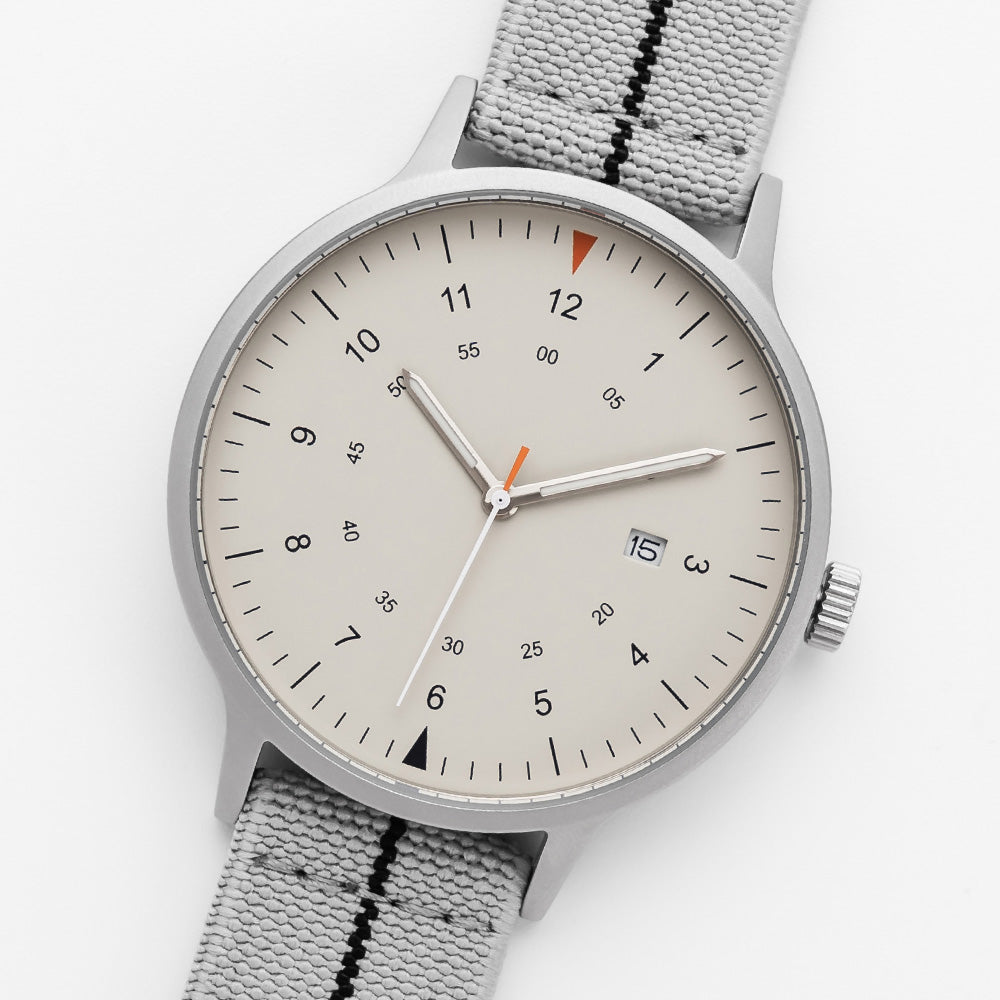 B70 Watch, Silver Case, Beige Dial, Calendar, Luminous, Stretch Nylon straps - Gray