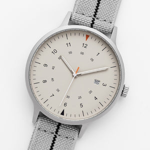B70 Watch, Silver Case, Beige Dial, Calendar, Luminous, Stretch Nylon straps - Gray