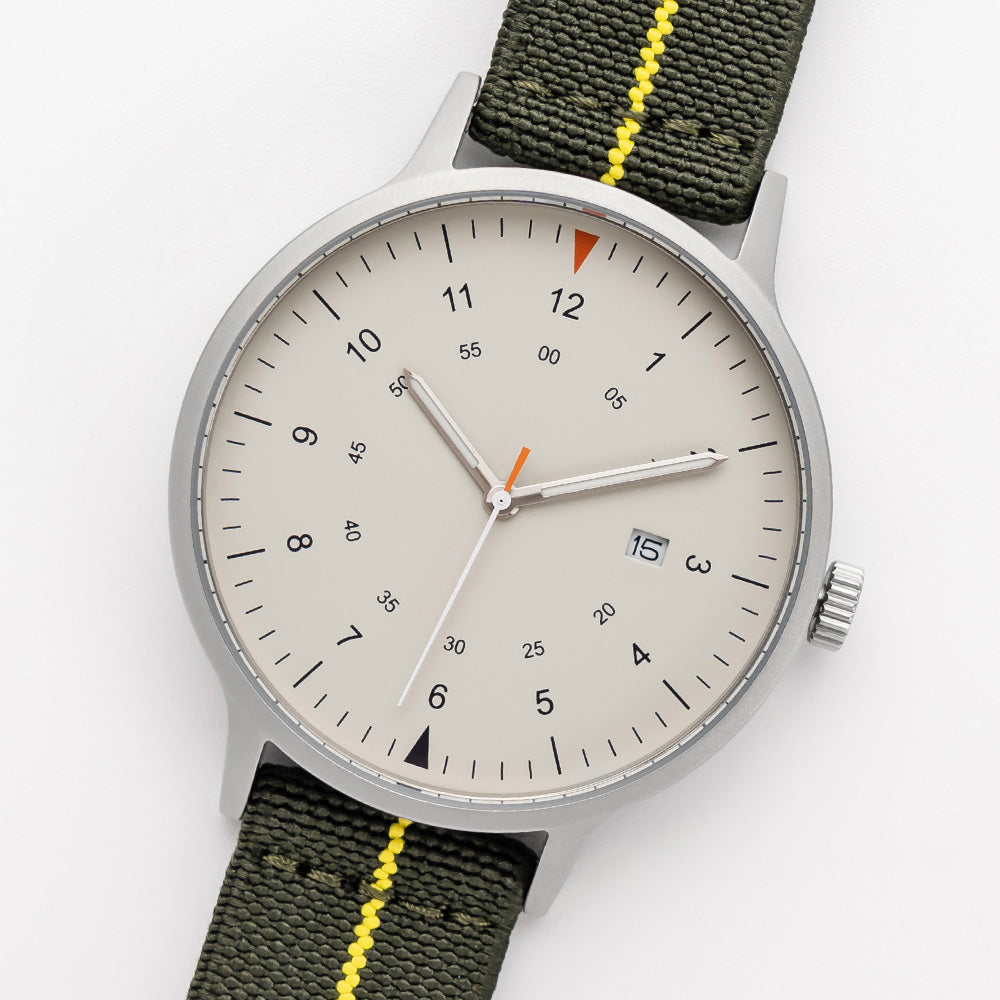 B70 Watch, Silver Case, Beige Dial, Calendar, Luminous, Stretch Nylon straps - Green