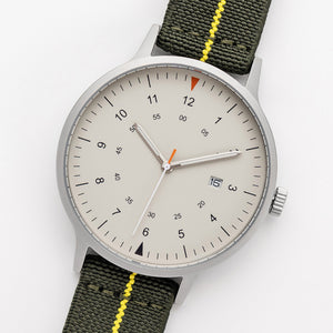 B70 Watch, Silver Case, Beige Dial, Calendar, Luminous, Stretch Nylon straps - Green