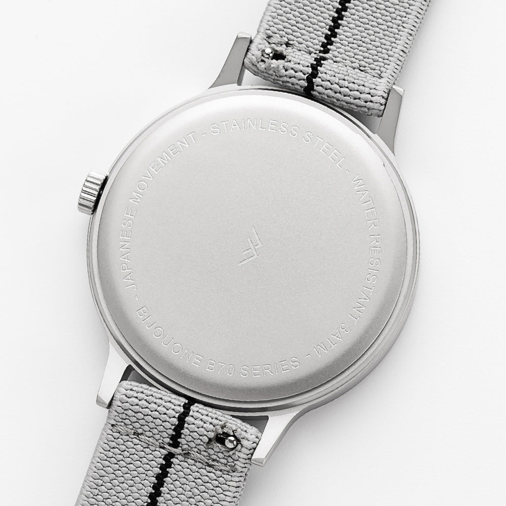 B70 Watch, Silver Case, Black Dial, Calendar, Luminous, Stretch Nylon straps - Gray