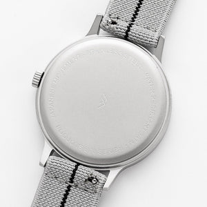 B70 Watch, Silver Case, Black Dial, Calendar, Luminous, Stretch Nylon Strap