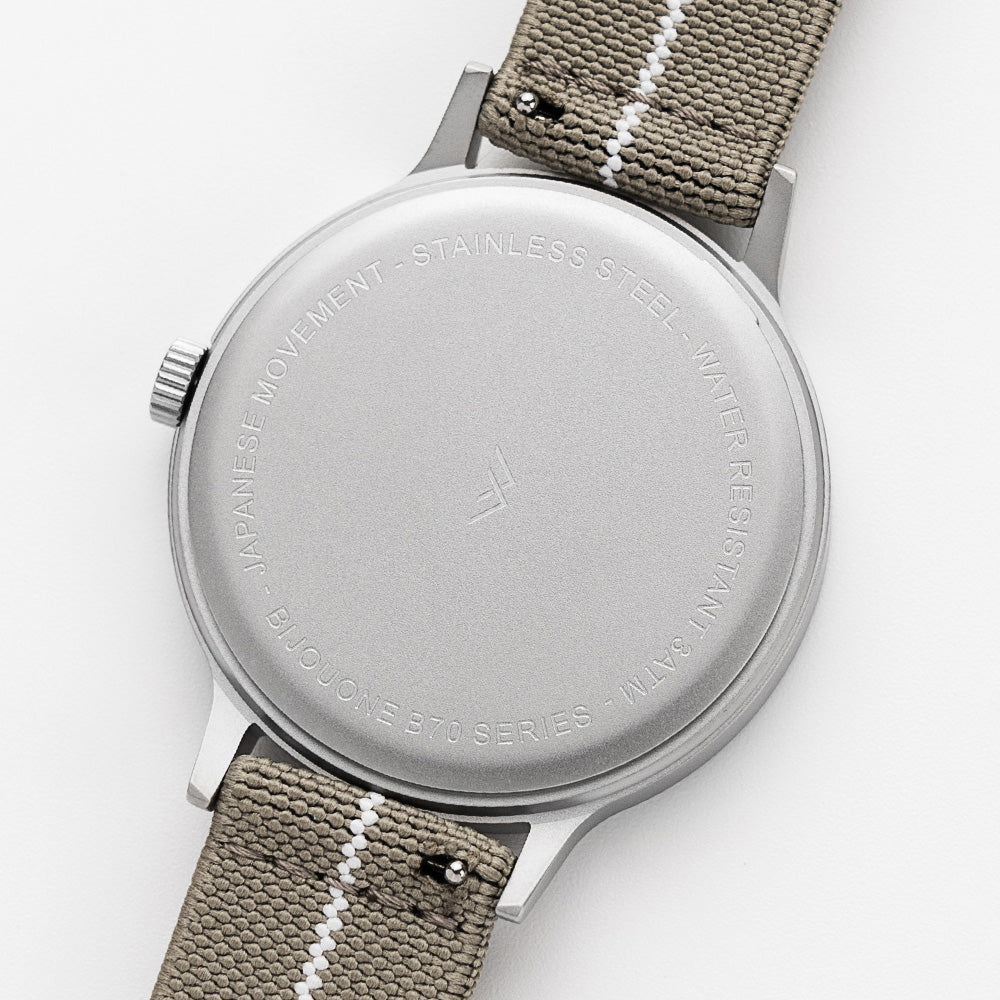 B70 Watch, Silver Case, Black Dial, Calendar, Luminous, Stretch Nylon straps - Khaki