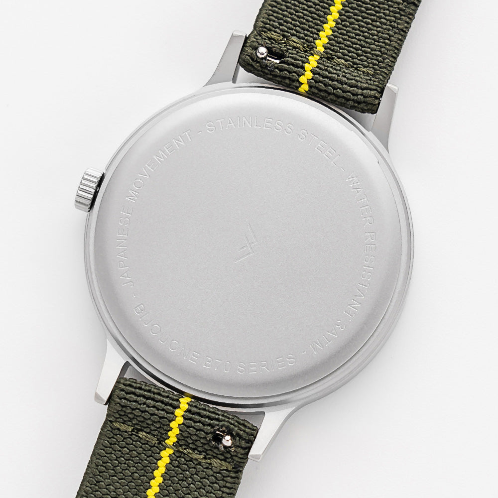 B70 Watch, Silver Case, Beige Dial, Calendar, Luminous, Stretch Nylon straps - Green