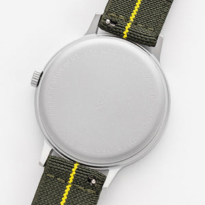 B70 Watch, Silver Case, Black Dial, Calendar, Luminous, Stretch Nylon Strap