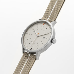 B70 Watch, Silver Case, Beige Dial, Calendar, Luminous, Stretch Nylon Strap