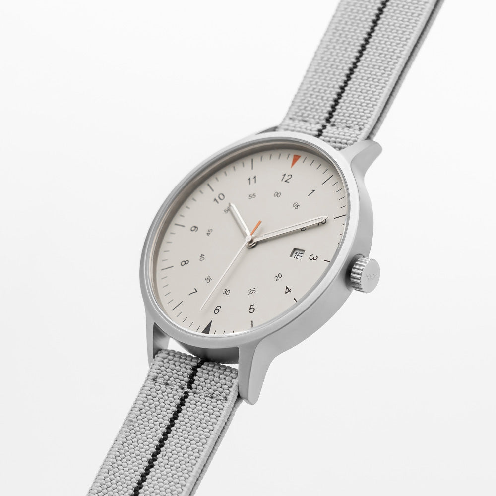 B70 Watch, Silver Case, Beige Dial, Calendar, Luminous, Stretch Nylon straps - Gray