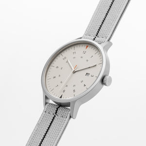 B70 Watch, Silver Case, Beige Dial, Calendar, Luminous, Stretch Nylon straps - Gray