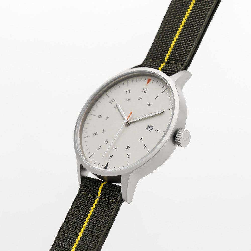 B70 Watch, Silver Case, Beige Dial, Calendar, Luminous, Stretch Nylon straps - Green