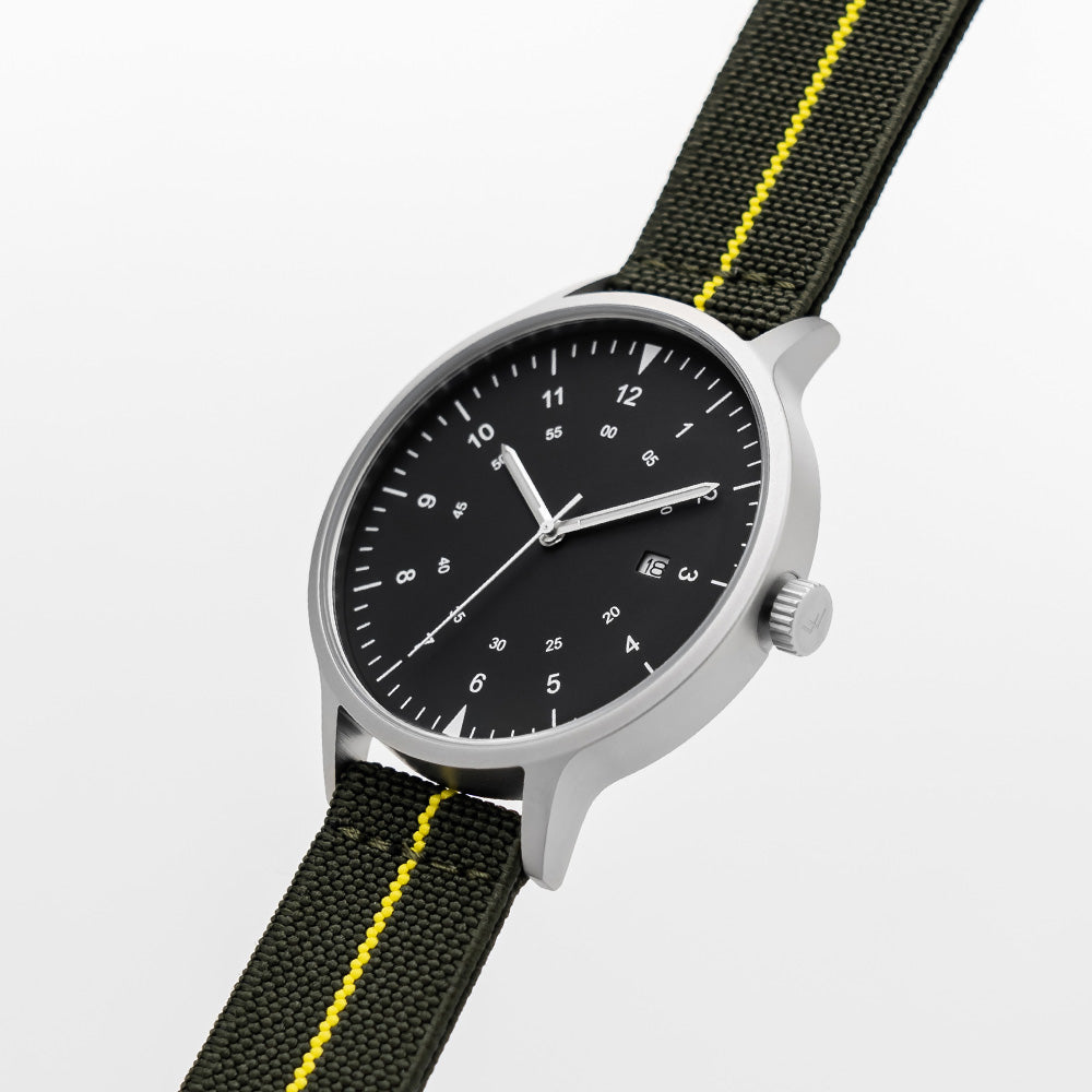 B70 Watch, Silver Case, Black Dial, Calendar, Luminous, Stretch Nylon straps - Green