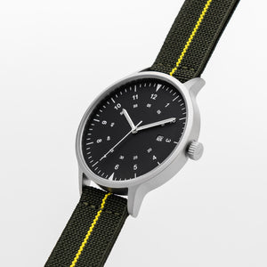 B70 Watch, Silver Case, Black Dial, Calendar, Luminous, Stretch Nylon straps - Green