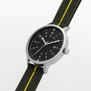 B70 Watch, Silver Case, Black Dial, Calendar, Luminous, Stretch Nylon Strap