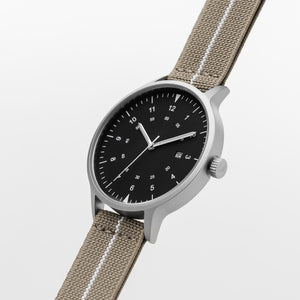 B70 Watch, Silver Case, Black Dial, Calendar, Luminous, Stretch Nylon straps - Khaki