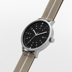 B70 Watch, Silver Case, Black Dial, Calendar, Luminous, Stretch Nylon Strap