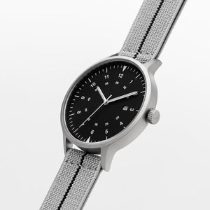 B70 Watch, Silver Case, Black Dial, Calendar, Luminous, Stretch Nylon Strap