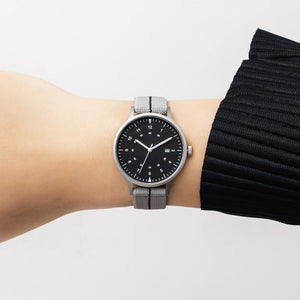 B70 Watch, Silver Case, Black Dial, Calendar, Luminous, Stretch Nylon Strap