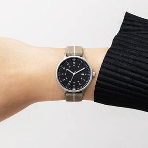 B70 Watch, Silver Case, Black Dial, Calendar, Luminous, Stretch Nylon Strap