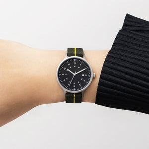 B70 Watch, Silver Case, Black Dial, Calendar, Luminous, Stretch Nylon straps - Green