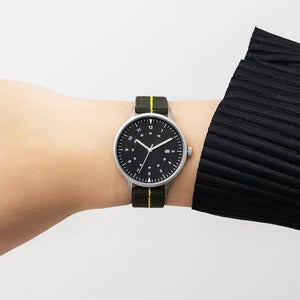 B70 Watch, Silver Case, Black Dial, Calendar, Luminous, Stretch Nylon Strap