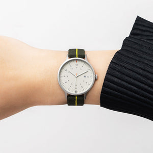 B70 Watch, Silver Case, Beige Dial, Calendar, Luminous, Stretch Nylon Strap