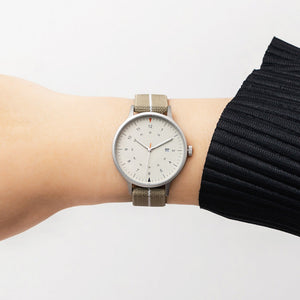 B70 Watch, Silver Case, Beige Dial, Calendar, Luminous, Stretch Nylon Strap